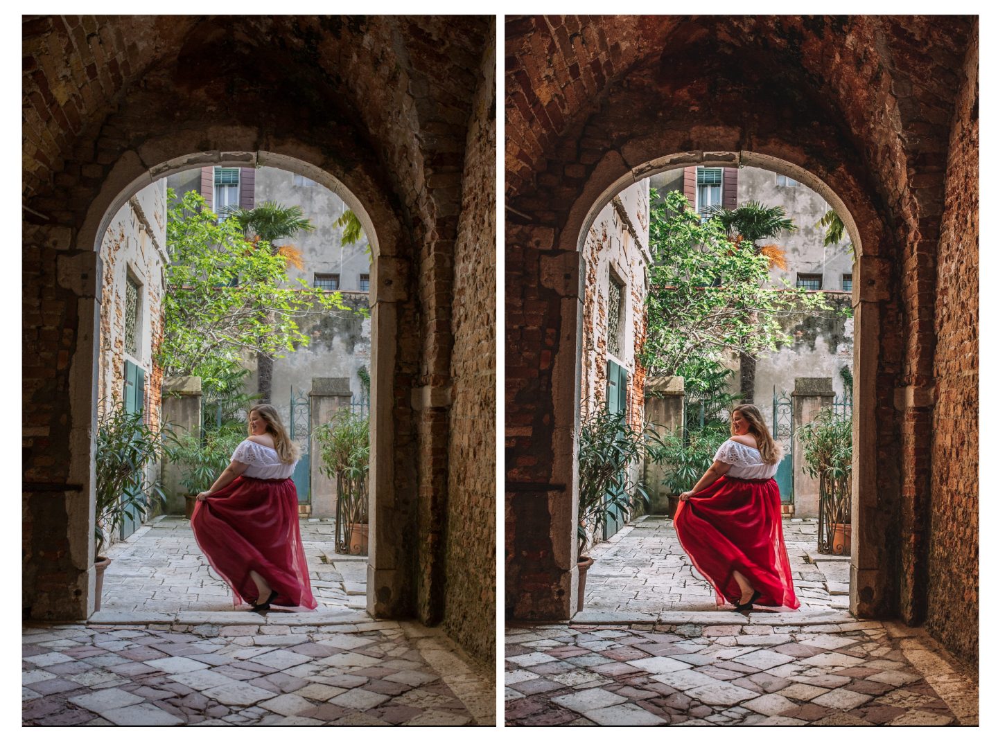 Before and after photo of a female in a Italian courtyard in Venice, Italy showing the editing of a lightroom preset