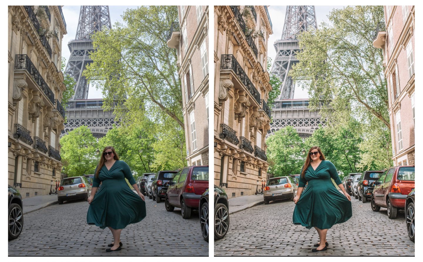Before and after photo of a female in front of the Eiffel Tower in Paris, France showing the editing of a lightroom preset