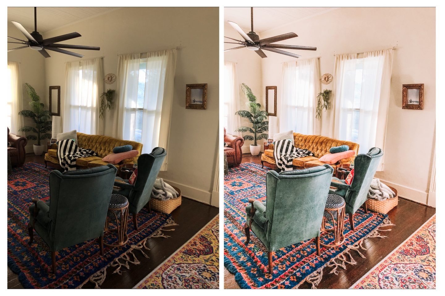 Before and after photo of a bohemian style living room showing the editing of a lightroom preset